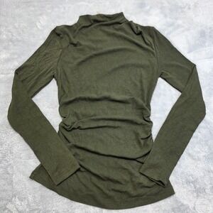 OGL Women Small Olive Green Mock Neck Top Ruched Side Long Sleeve Slim Fit